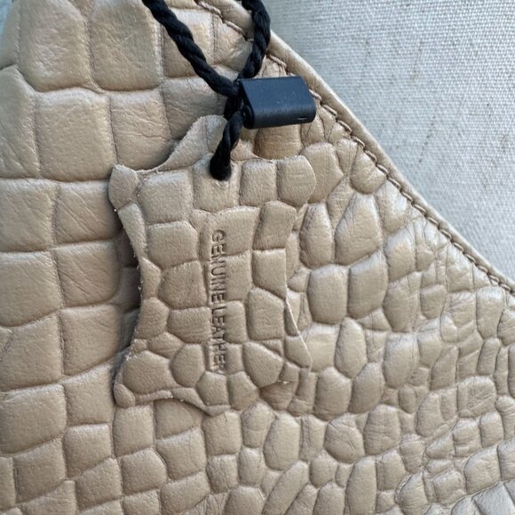 Crocodile-Embossed Genuine Leather Tote Bag Tan Multiple Pockets Zipper Closure - Picture 2 of 9